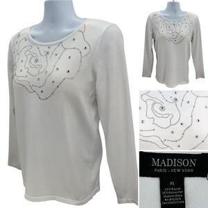 Madison Embellished Rhinestone White Lightweight Sweater Sz. XL NWT